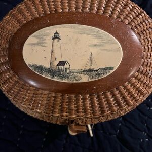 Nautical Brown Woven Basket with Lighthouse Design